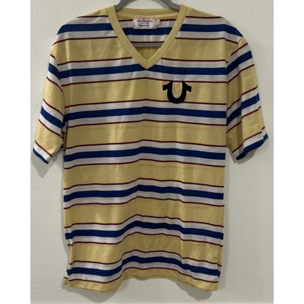 True Religion Sportswear‎ California Style Large Mens Yellow White Blue Striped